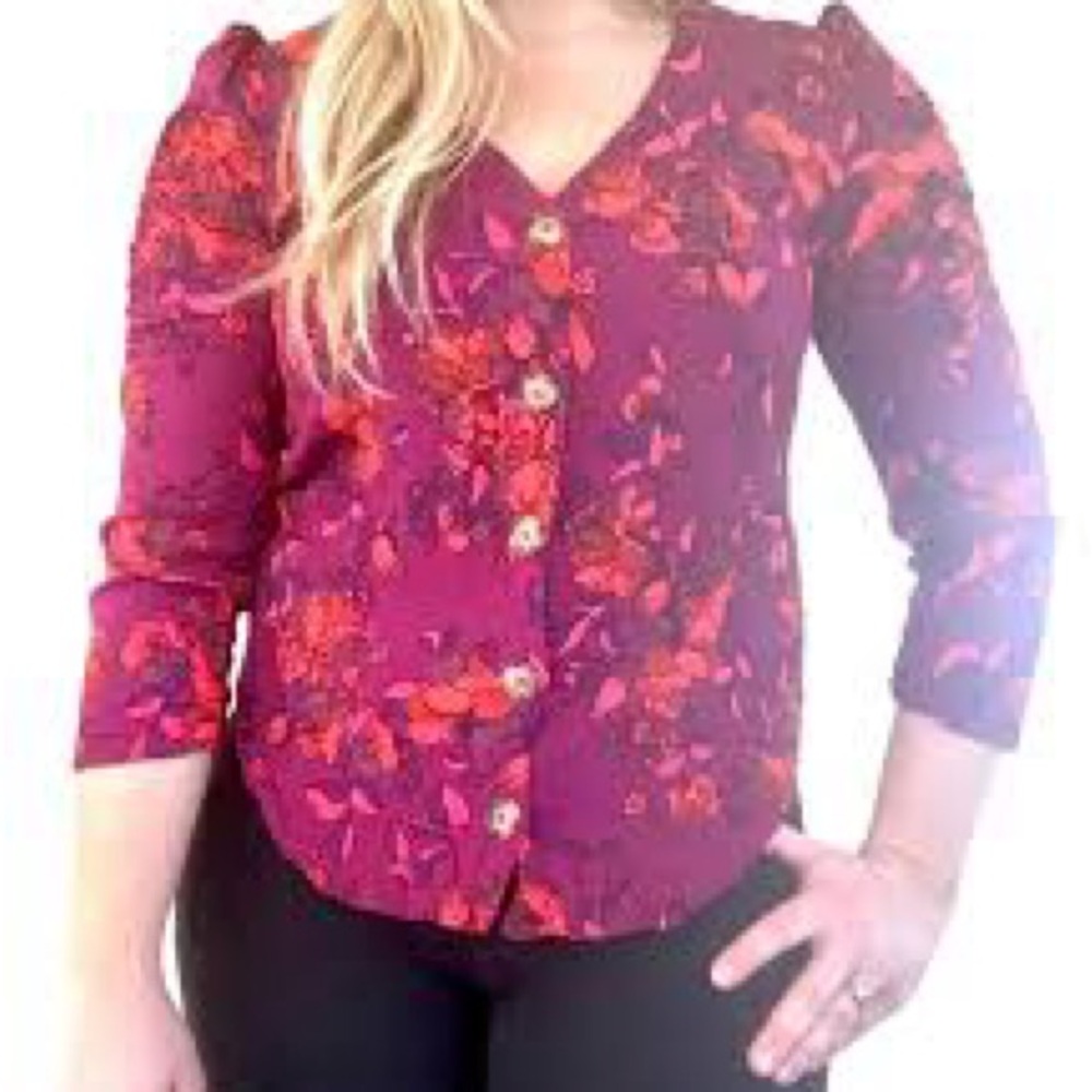 MAEVE by Anthropology blouse sz Medv neck 5 button down reds & purple floral